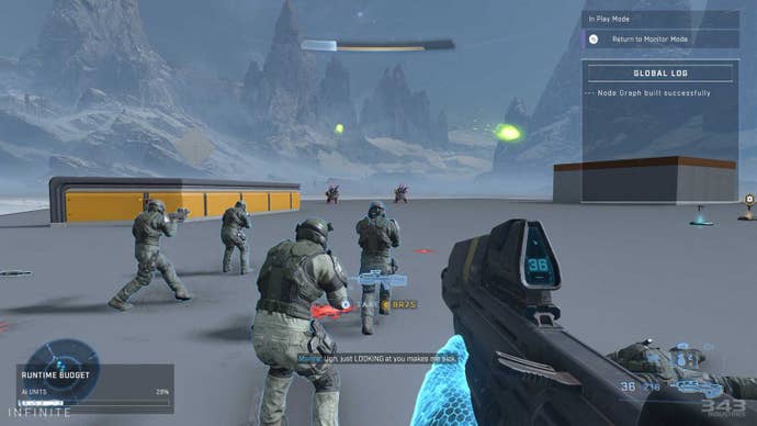 Marines doing battle in a flat, undecorated test level created with Halo Infinite’s Forge AI tools