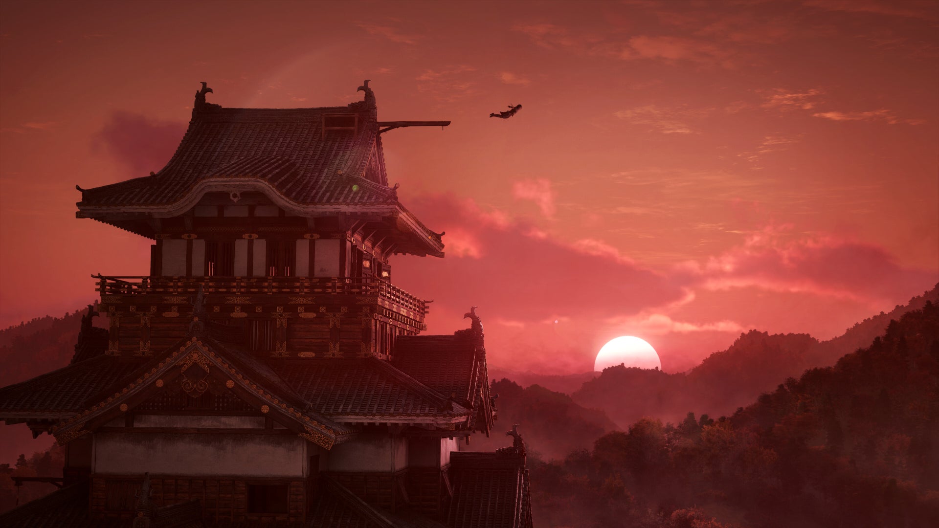 Naoe jumping disconnected  a gathering  ion beforehand   of a sunset successful  Assassin's Creed Shadows.
