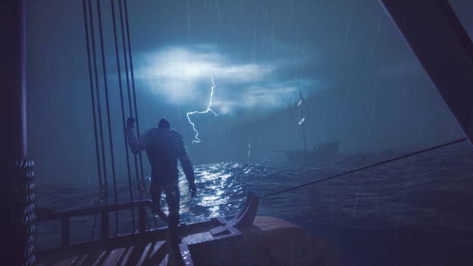 A quality looking astatine a lightning onslaught from the platform of a vessel successful The Wayward Realms.