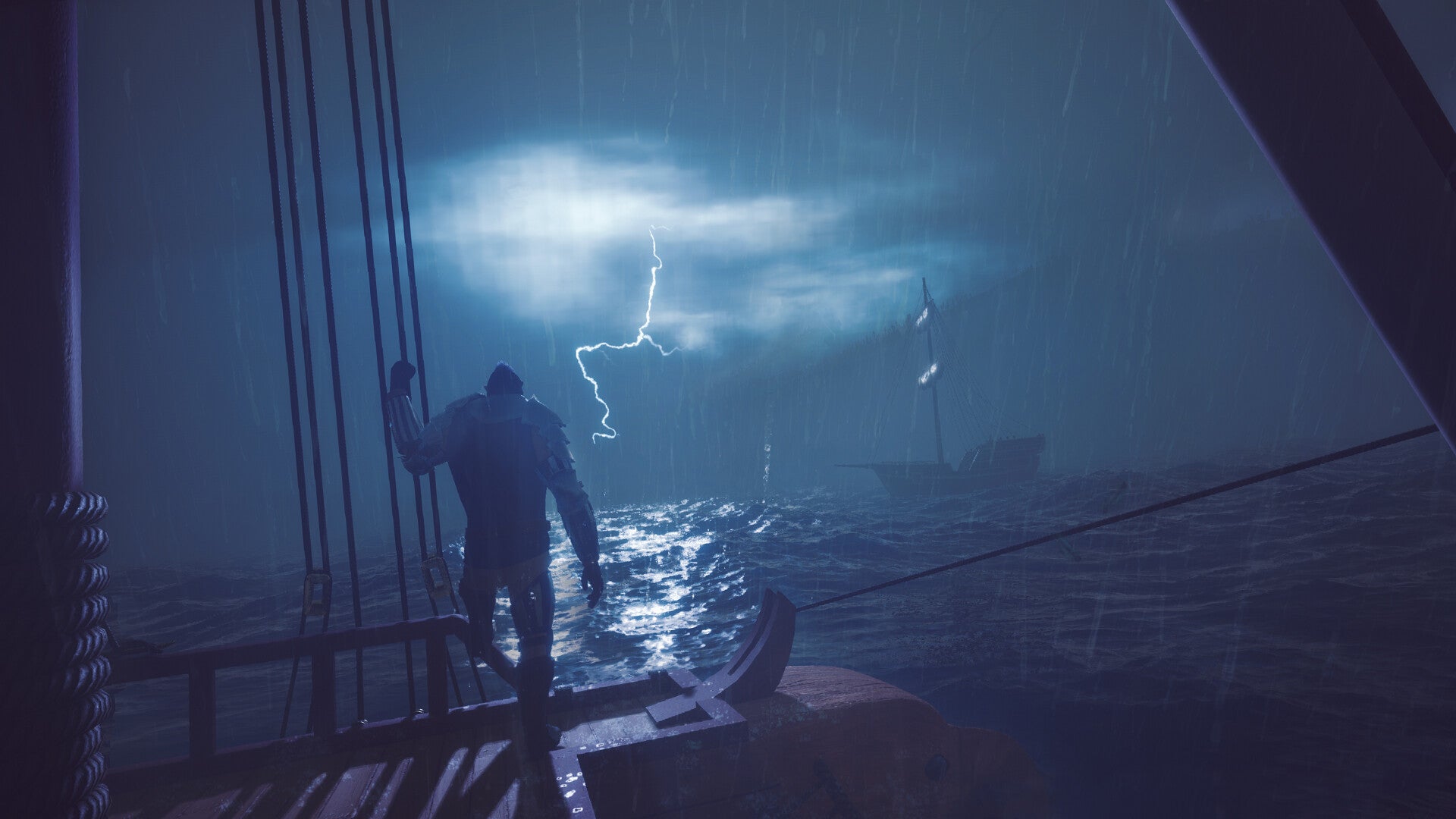 A character looking at a lightning strike from the deck of a ship in The Wayward Realms. - 1
