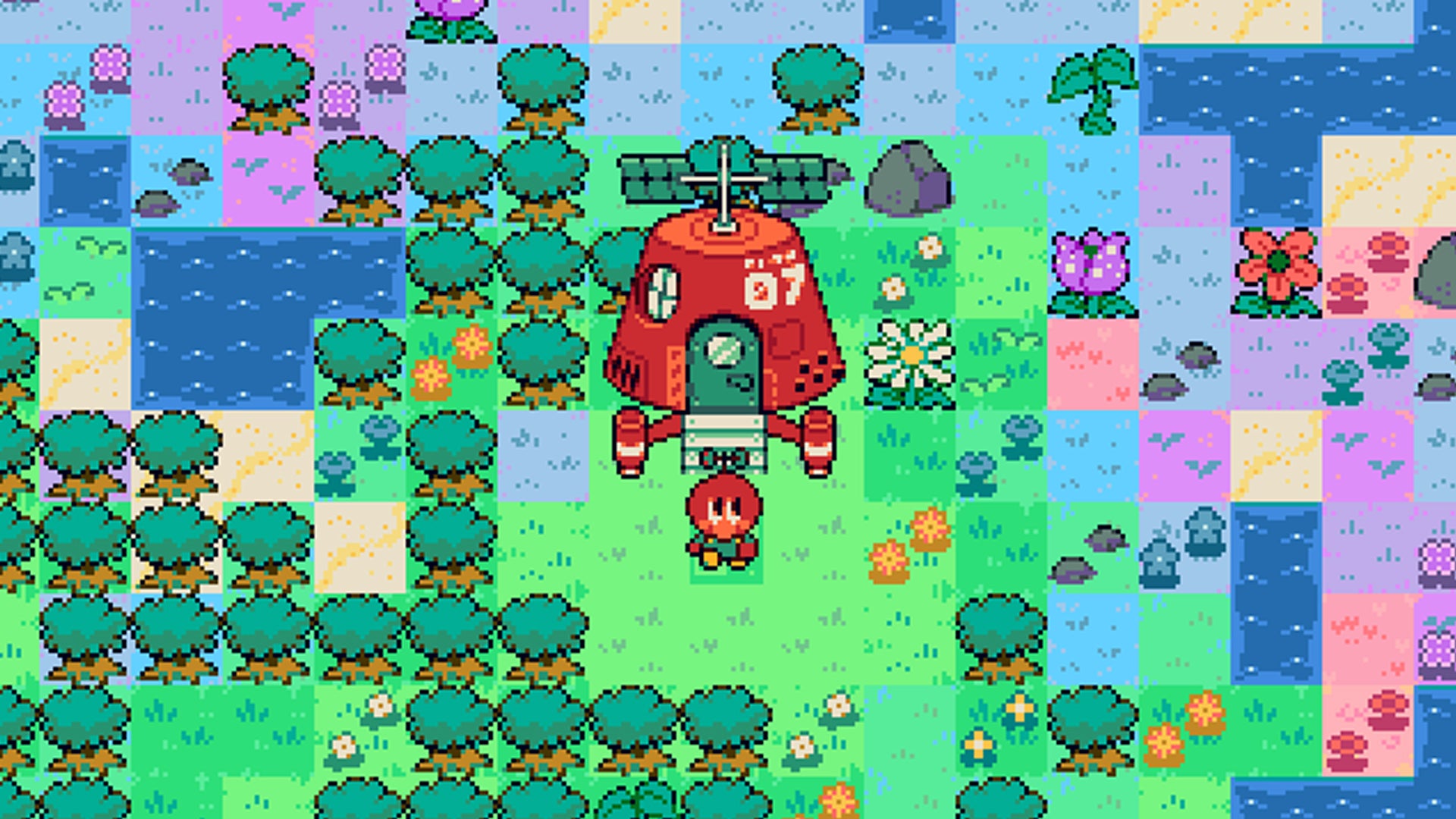 A GBA-like pixel art game of a cute figure in front of a spaceship in Formless Star. - 1