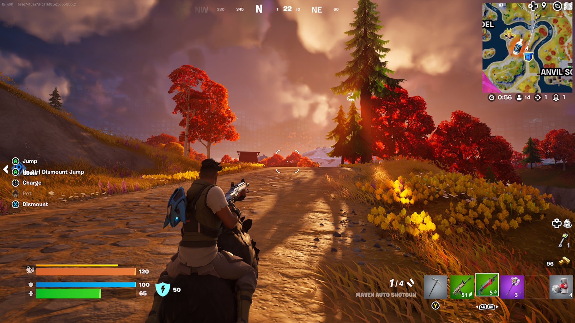 Fornite, a character is riding a Boar while aiming with an Assault Rifle