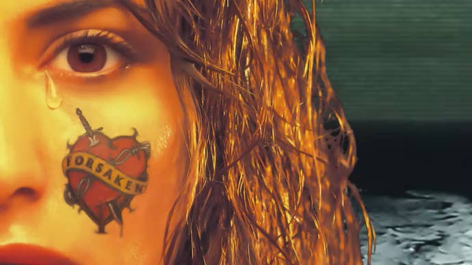 Forsaken 64 header image showing a close up of a lady with brown eyes crying. She has a heart tattoo on her cheek with the word Forsaken written across it. The heart has a knife through it and barbed wire around it