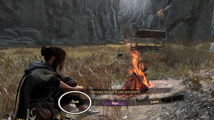 Forspoken, Camp menu with the Craft option circled