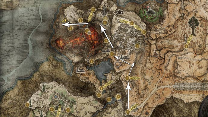 The route to Fort Laiedd on the Elden Ring map.