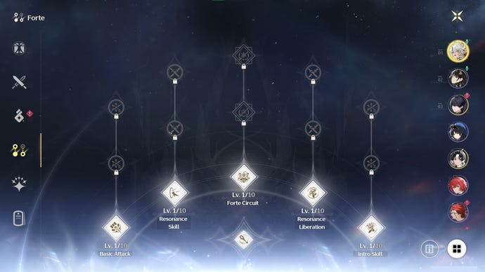 A screenshot showing the Forte menu in Wuthering Waves.