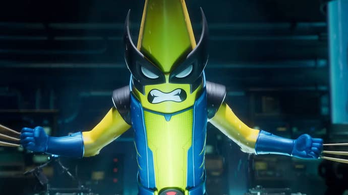 Peely from Fortnite wearing a Wolverine-themed skin.