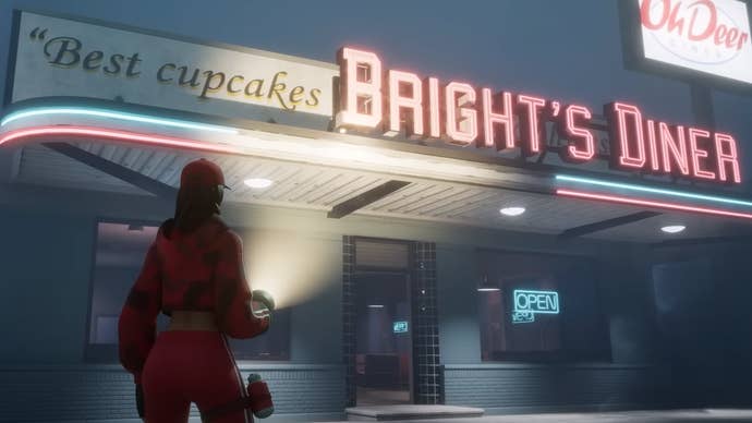The player character shines a flashlight on Bright’s Diner in Fortnite experience Alan Wake: Flashback