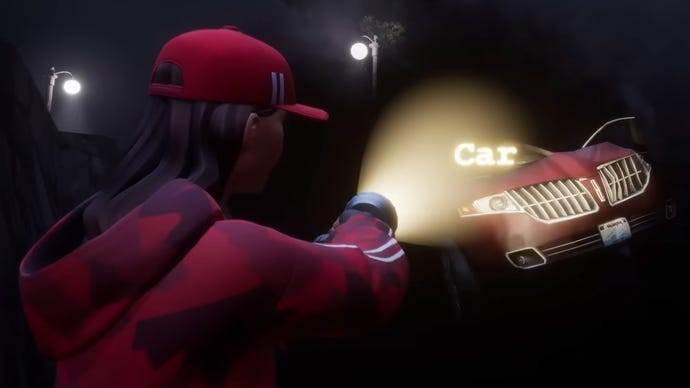 The player character shines their flashlight on the word car on top of a crashed car in Fortnite experience Alan Wake: Flashback