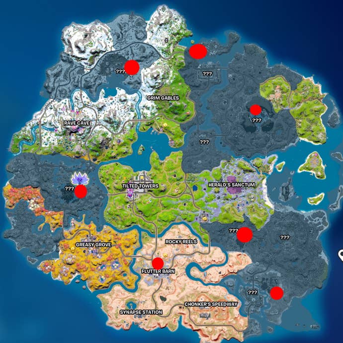 Fortnite Howler Claws: A map shows alteration altar locations in Fortnite, including Logjam Lumberyard and the Reality Tree