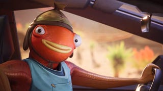 A fish guy driving the Tesla Cybertruck in Fortnite.