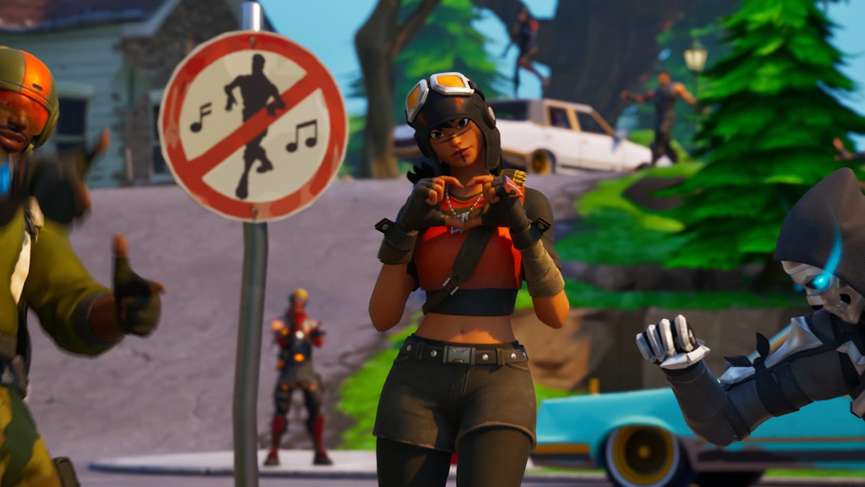 A Fortnite character doing a love heart emote next to an anti-dancing sign. - 1