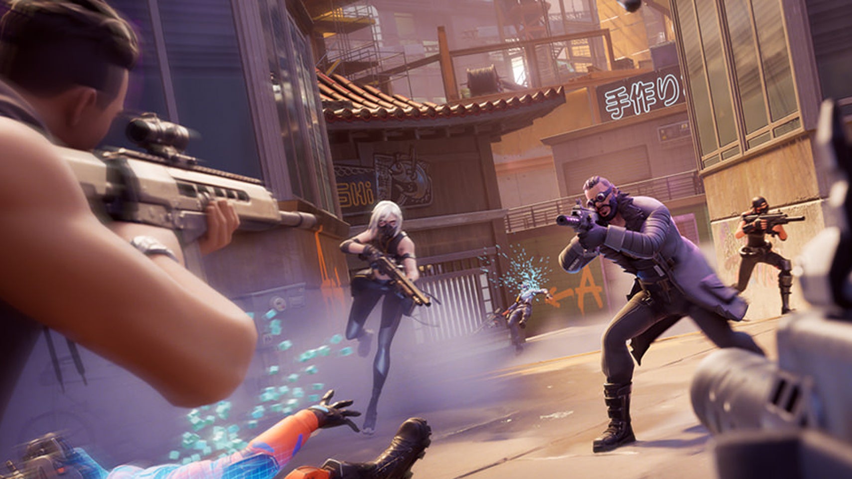 Characters all pointing guns at each other in key art for Fortnite Ballistic. - 1