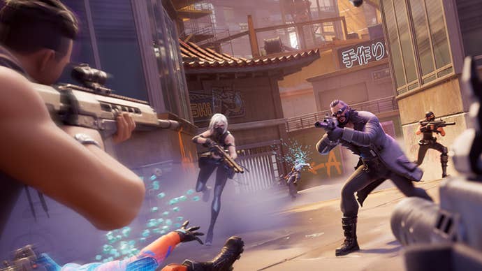 Characters all pointing guns at each other in key art for Fortnite Ballistic.