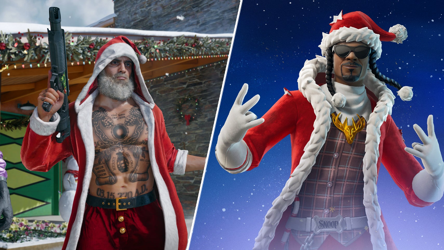 Snoop Dogg dressed as Santa in Fortnite next to a Call of Duty Black Ops 6 operator in Santa gear. - 1