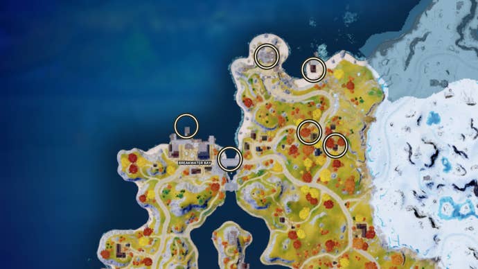 Fortnite, a map view of Breakwater Bay with all possible Oathbound chest locations circled.