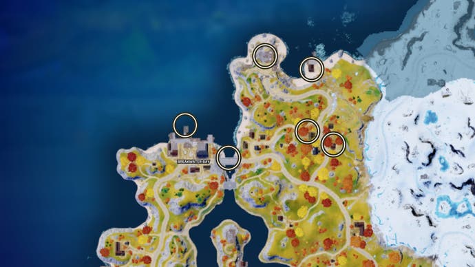 Fortnite, a map view of Breakwater Bay with all possible Oathbound chest locations circled.