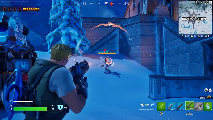 Fortnite, Brutal Bastion, a character is fighting a boss who is in the Snow.