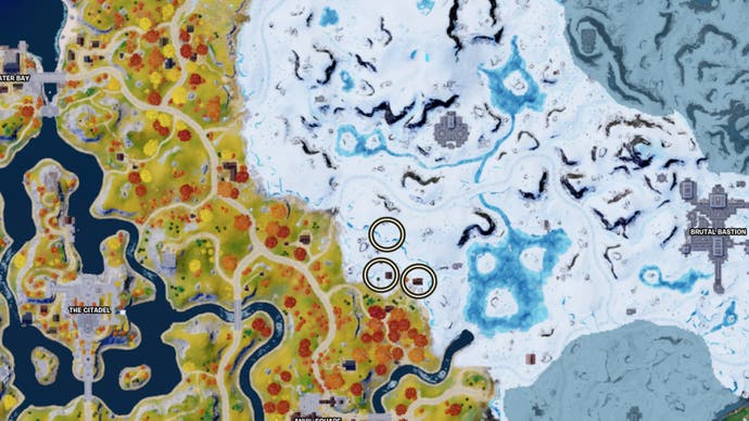 Fortnite, map view of Brutal Bastion/snowy area of map with Oathbound chest locations circled.