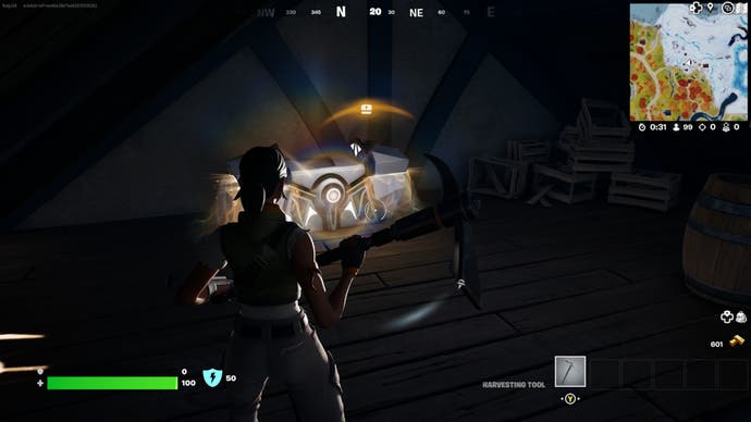Fortnite, Brutal Bastion Oathbound Chest one in a dark attic room.