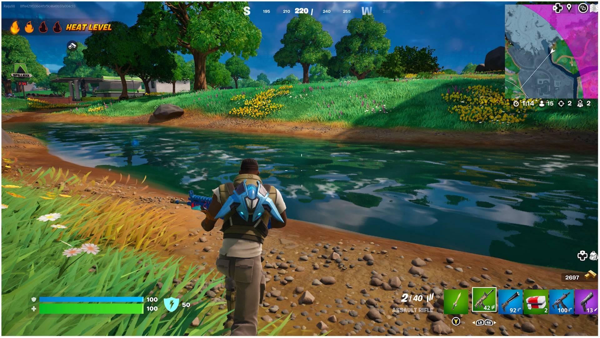 Fortnite, a character with level two heat is running from the storm.