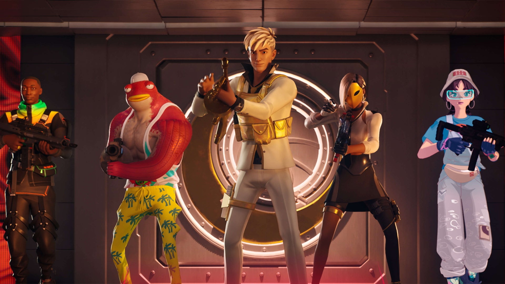 A line-up of characters from Fortnite's Chapter 4 Season 4, including a muscled fish man, an anime girl, that guy from the internet meme and a secret-agent looking fella. - 1