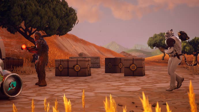 fortnite chewbacca and tiger player fighting stormtroopers