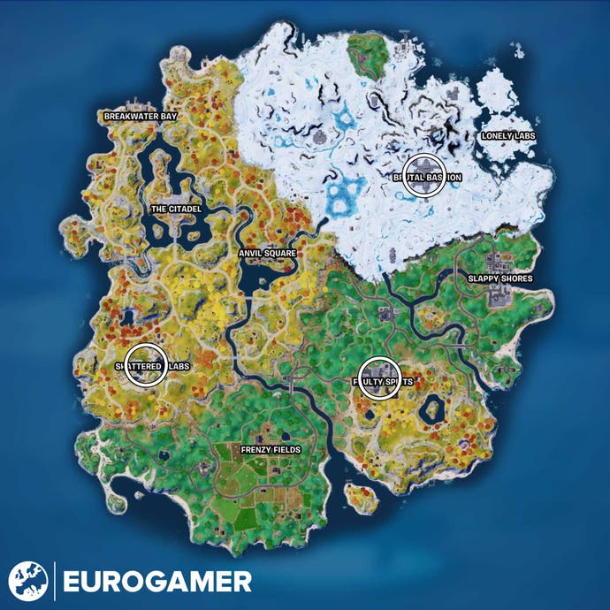 Fortnite, a map that has Shattered Slabs, Brutal Bastion, and Frenzy Fields circled.