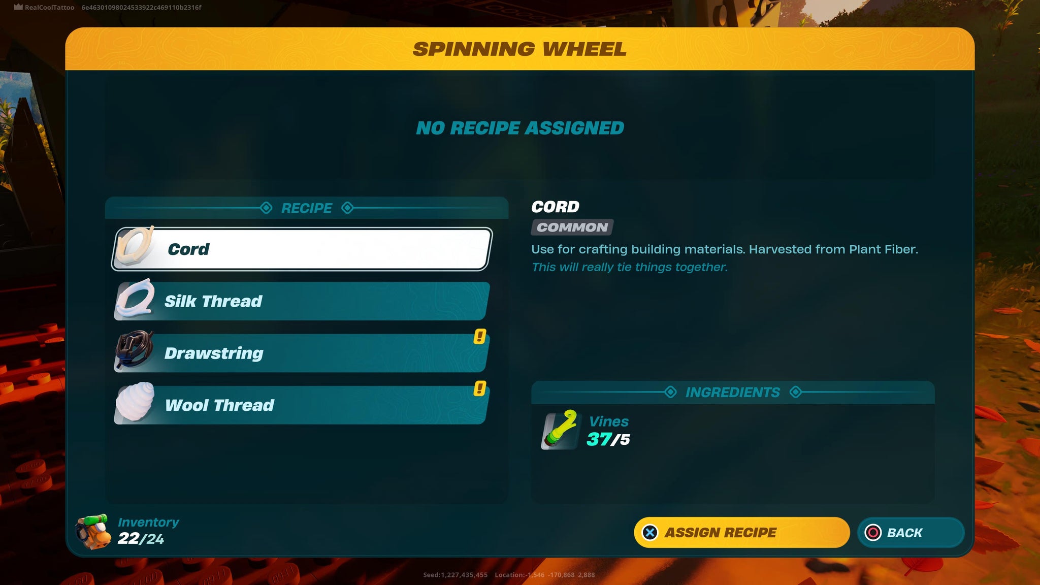 The spinning wheel menu in LEGO Fortnite showing Cord, Silk and Drawstring - 3