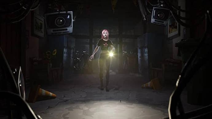 A young woman walks towards the camera holding a flashlight, with shadowy figures in the background.