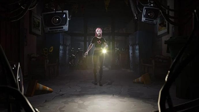 A young woman walks towards the camera holding a flashlight, with shadowy figures in the background.