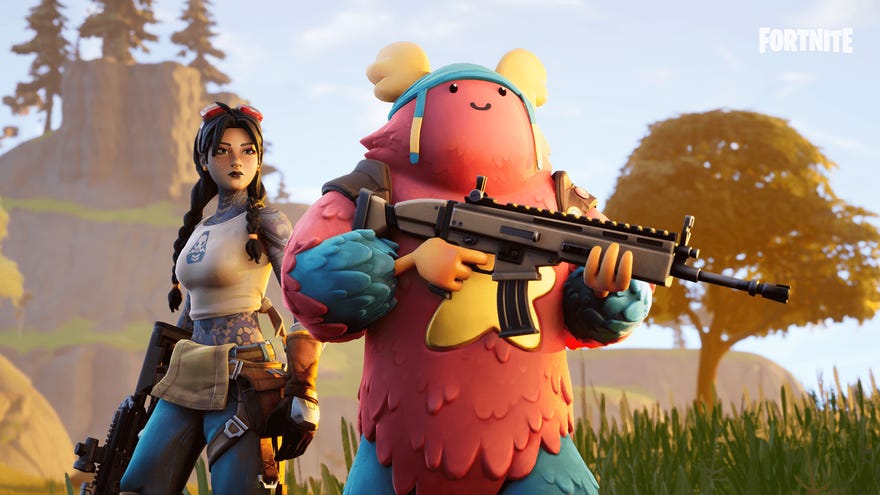 A young woman and a chicken man face the camera holding weapons.