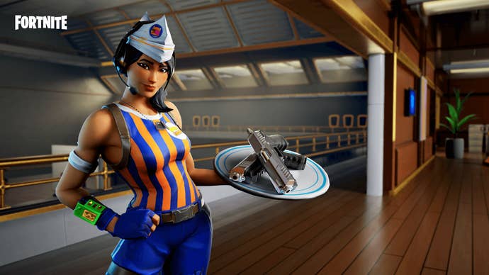 A young woman dressed in a fast food uniform holds a serving tray with twin pistols on it.