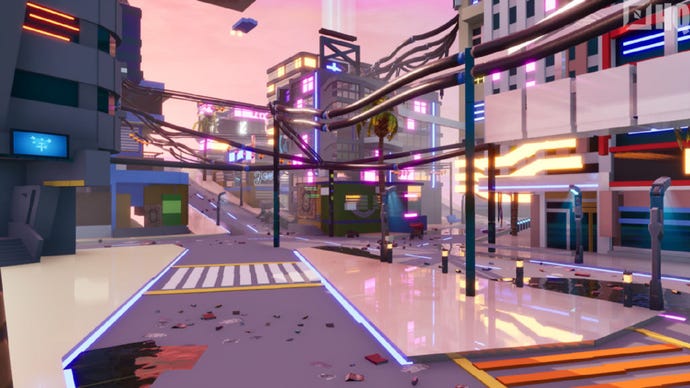 A neon-lit street from Cyberpunk 2077’s Night City, as recreated in Fortnite Creative.