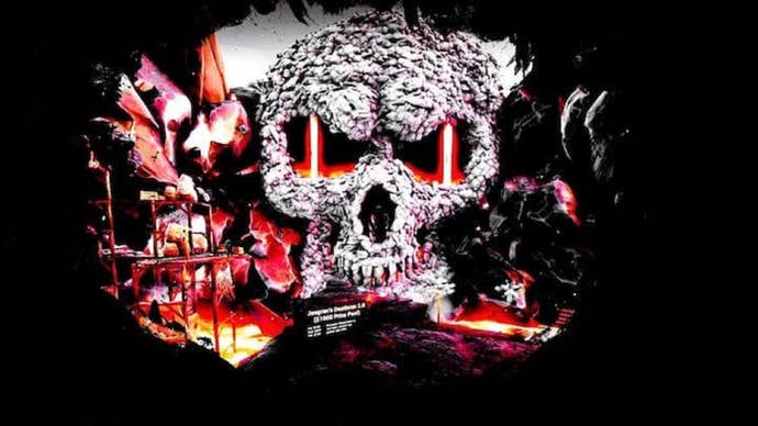 A rock formation shaped like a skull with lava running through the eye sockets.