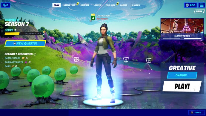Fortnite Season 7’s landing screen, featuring a default skin character and the game options for Creative Mode.