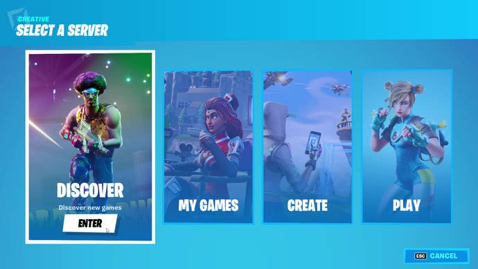Fortnite Creative Mode’s Server Select menu. Options are Discover, My Games, Create, and Play.