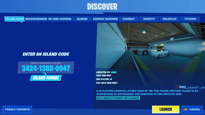 The Island Code option in Fortnite Creative’s Discover page. Text indicates an island has been found and the server is ready to launch.