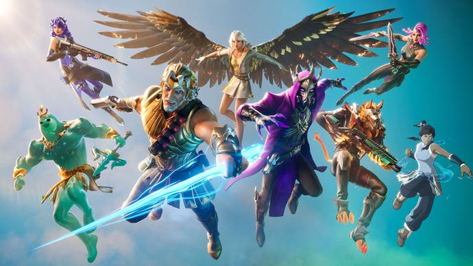 Collage of characters including Greek gods from Fortnite