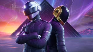 Fortnite artwork for Daft Punk experience showing two figures in robot helmets in front of a purple pyramid