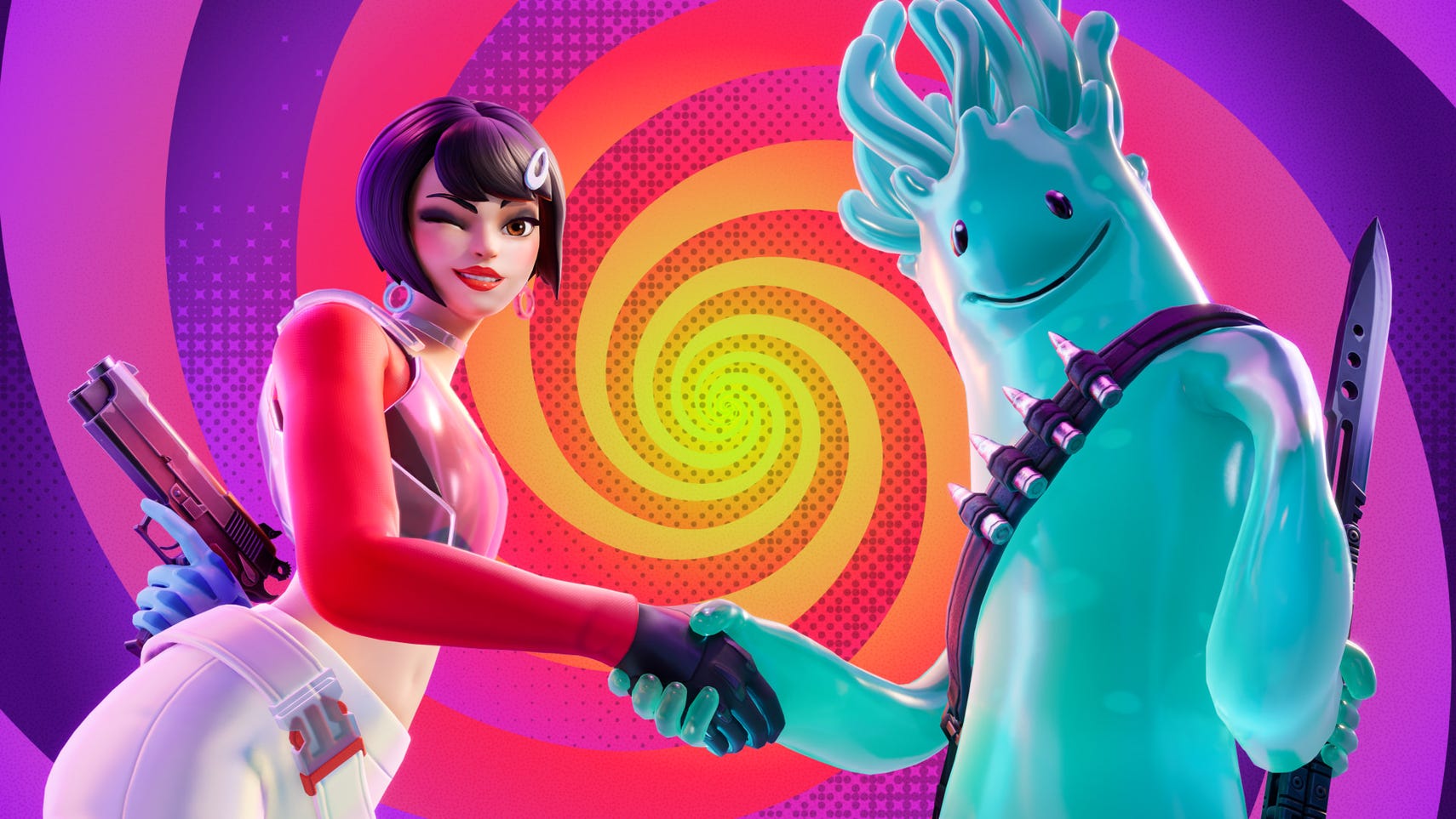 Fortnite Delulu artwork featuring female character shaking hands with a weird blue amoeba-like character on a psychedelic background