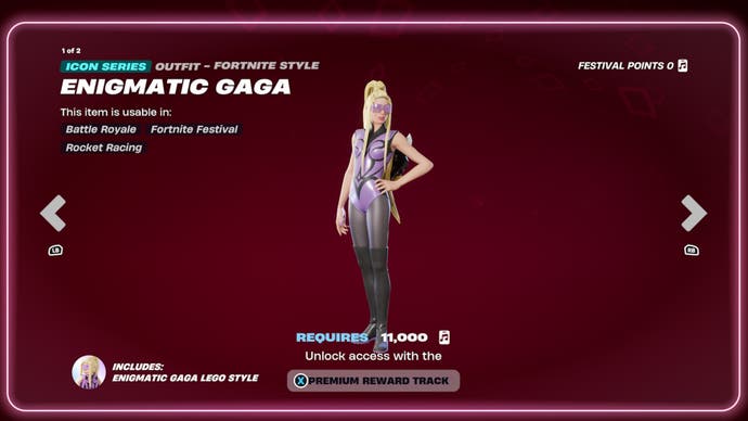 Lady Gaga in the fortnite style wearing a pop star outfit while standing against a red background.