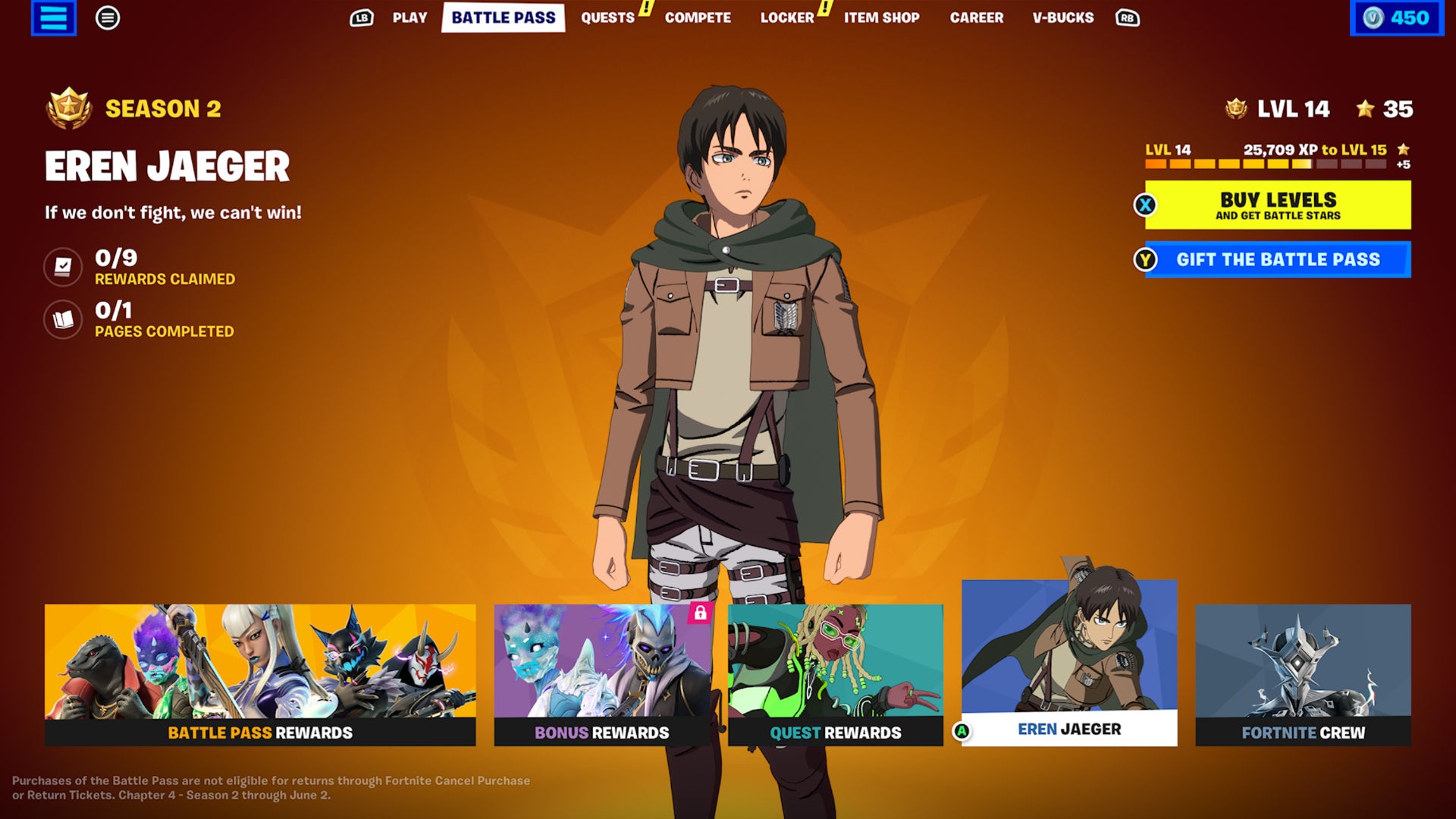 fortnite eren jaeger battle pass menu