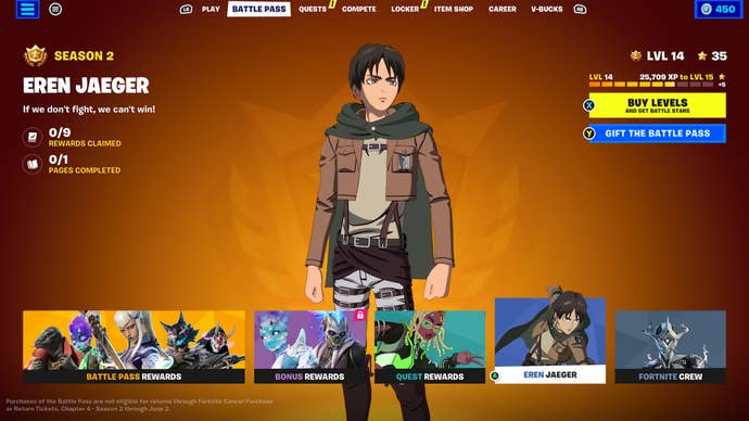 fortnite eren jaeger battle pass menu