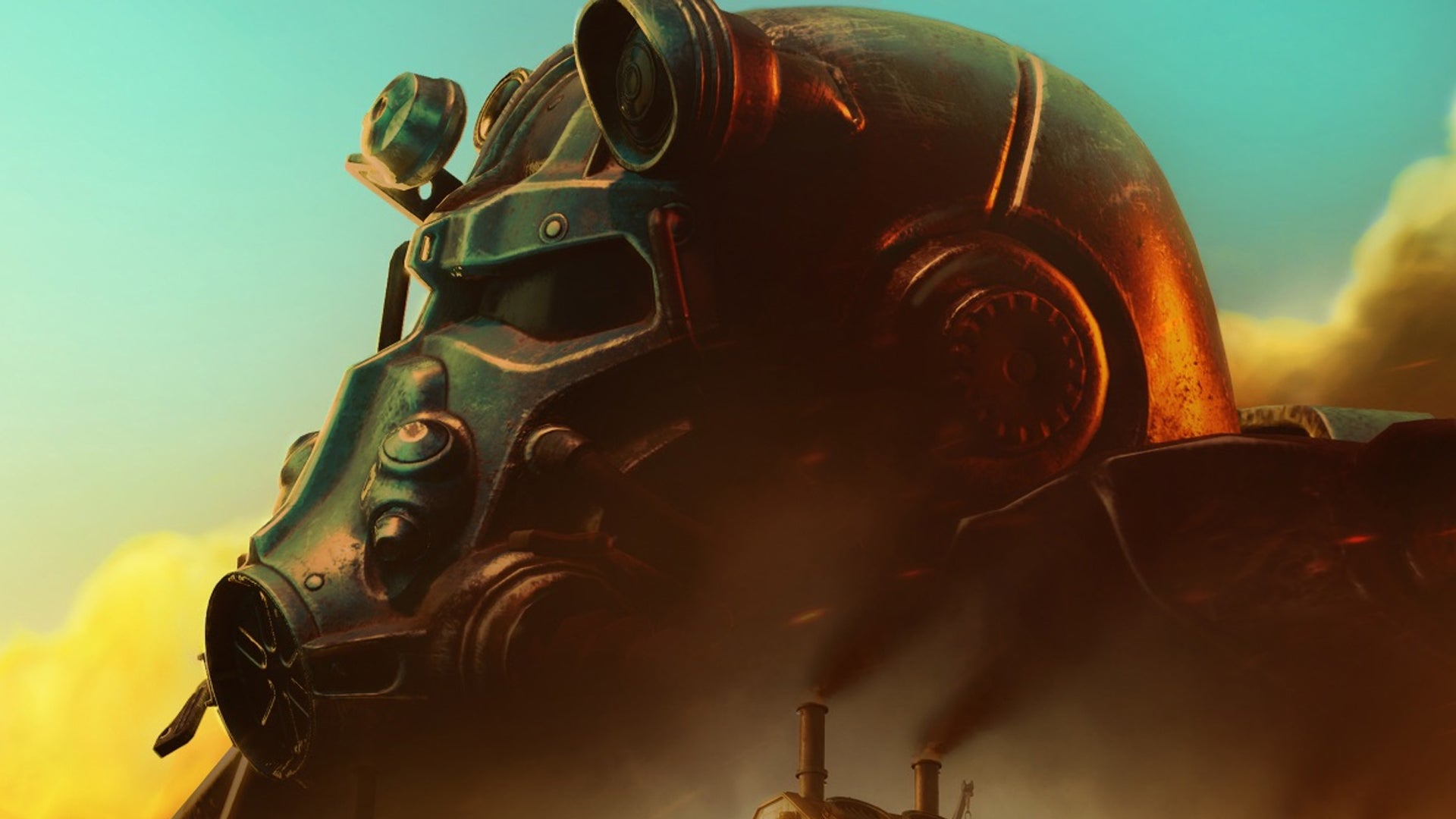 The teaser image for Fortnite's Fallout crossover, showing a Brotherhood of Steel knight looming amidst orange clouds - 1