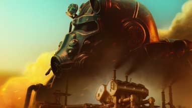 Fortnite promotional art showing a close-up of someone in Brotherhood of Steel T-60 power armour surrounded by smoke.