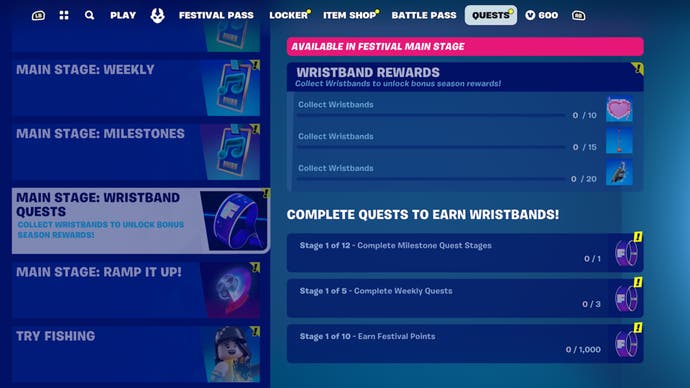 fortnite festival season three quest tracker menu
