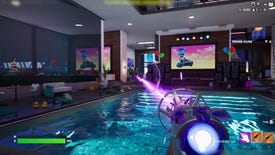 The player blasts a ray of energy using Fortnite's first-person camera