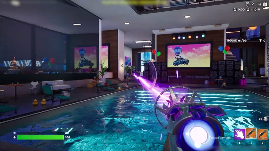 The player blasts a ray of energy using Fortnite's first-person camera