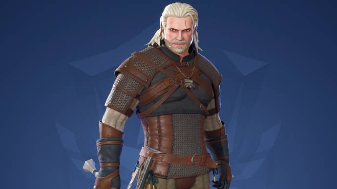 Fornite School of the Llama: An animated man with shoulder-length silver hair and a scraggly silver beard is standing against a blue background. He’s wearing a leather vest over chain mail, with leather gauntlets, and the silver hilt and pommel of a sword are just visible in his right hand